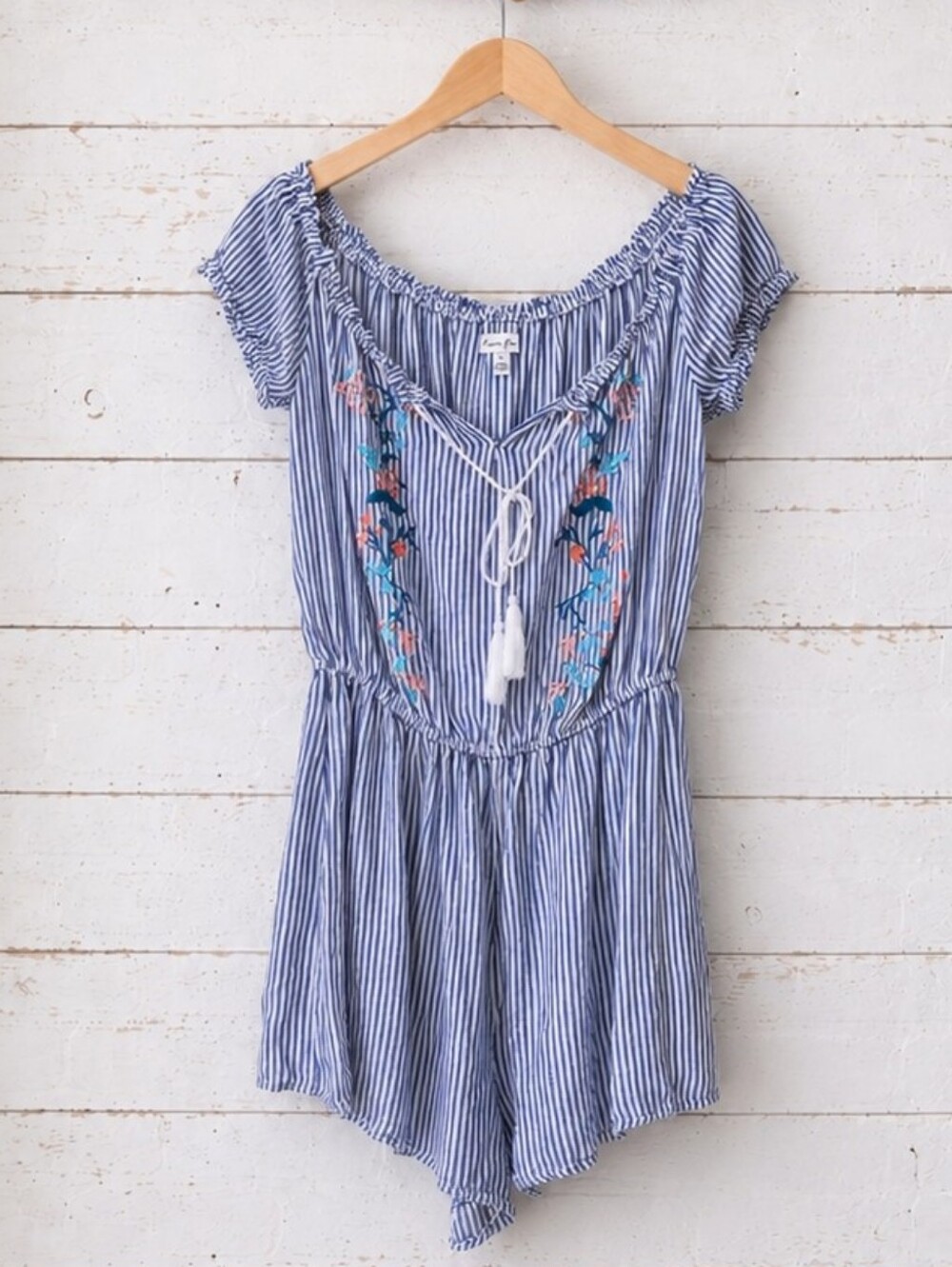 Love, Fire Blue Striped Embroidered Romper Size L